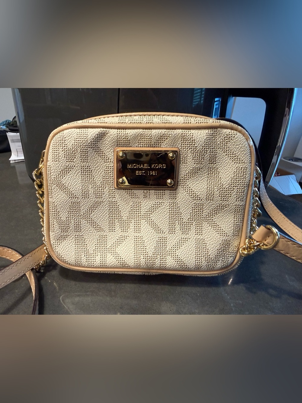 Michael Kors Beige Signature Crossbody with Gold Plaque